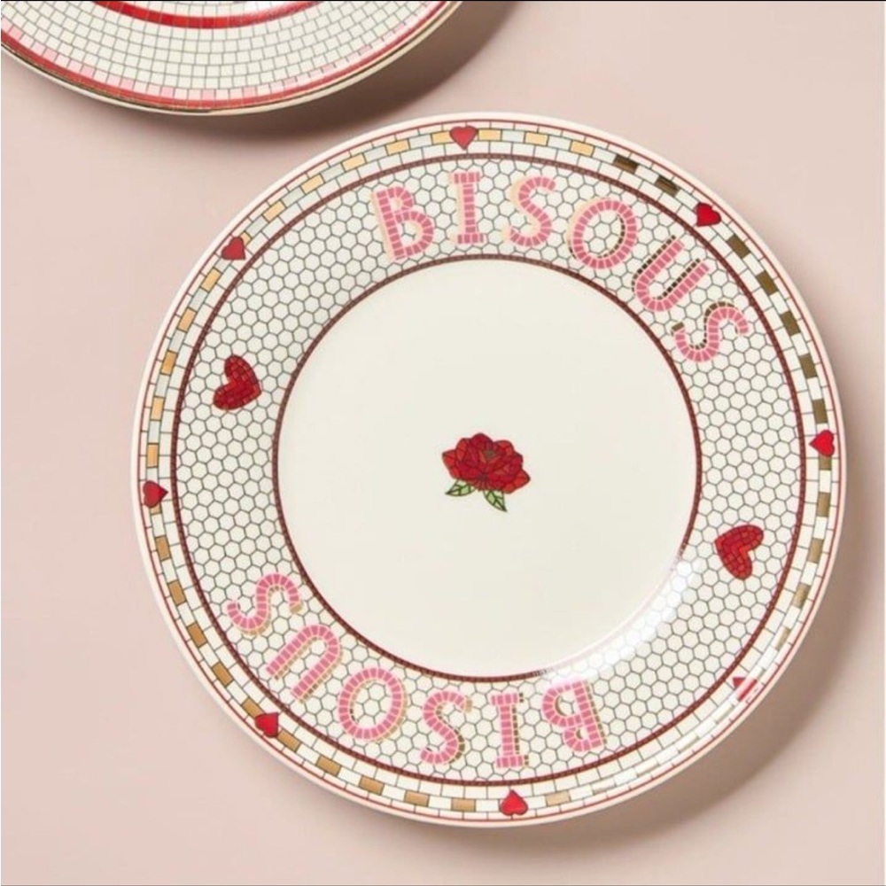 4 //Anthropologie Bistro Heart Tile Stoneware Bisous Dessert Plates